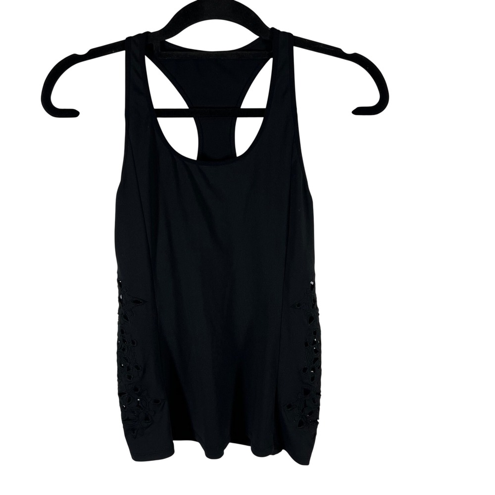Fabletics Black Racerback Tank Top Floral Eyelet Cutout Side Panels Women Size S
